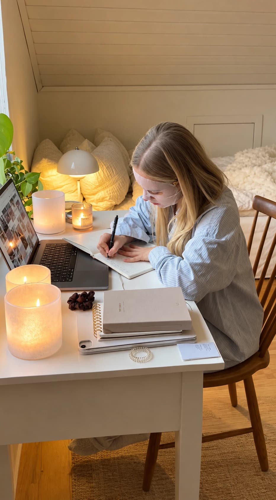 Writing in a journal at a candlelit desk